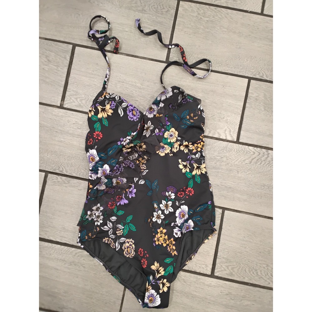 Time and Tru Womens Floral Ruffle One Piece Swimsuit Black Multi Large 12-14